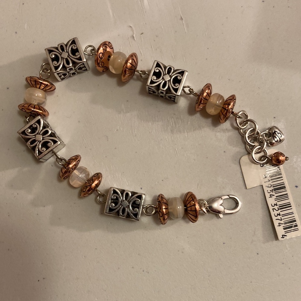 ADJUSTABLE ‘OB’BRACELET 7-7.75”Silver and Copper Color Beads, Lobster Catch, NWT